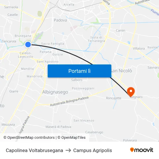 Capolinea Voltabrusegana to Campus Agripolis map