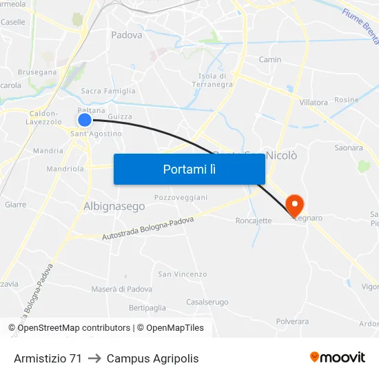 Armistizio 71 to Campus Agripolis map