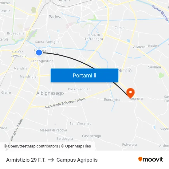 Armistizio 29 F.T. to Campus Agripolis map