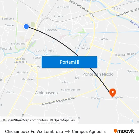 Chiesanuova Fr. Via Lombroso to Campus Agripolis map