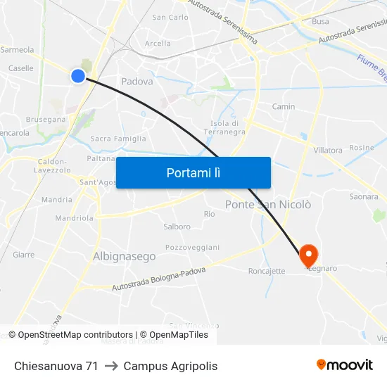 Chiesanuova 71 to Campus Agripolis map