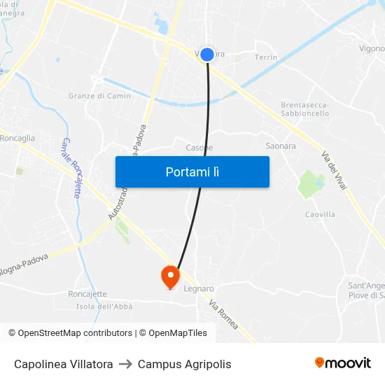 Capolinea Villatora to Campus Agripolis map