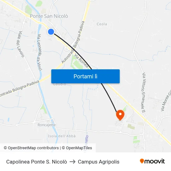 Capolinea Ponte S. Nicolò to Campus Agripolis map