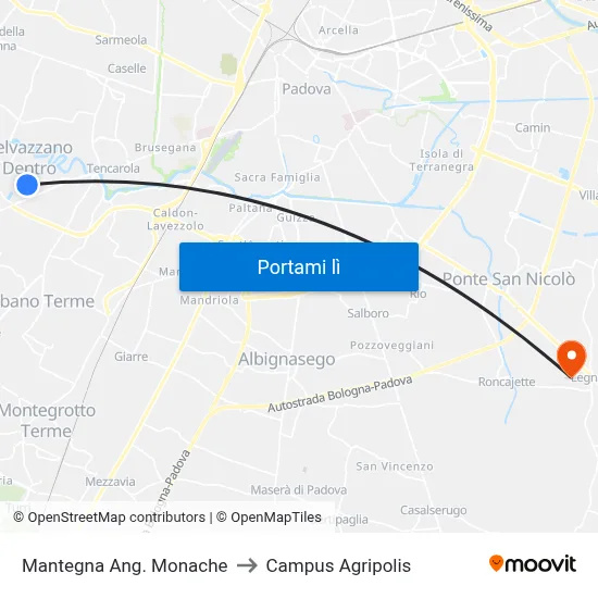 Mantegna Ang. Monache to Campus Agripolis map