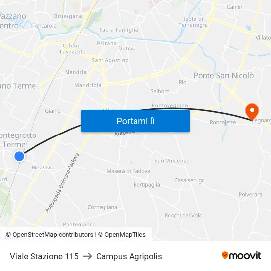 Viale Stazione 115 to Campus Agripolis map