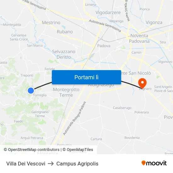 Villa Dei Vescovi to Campus Agripolis map