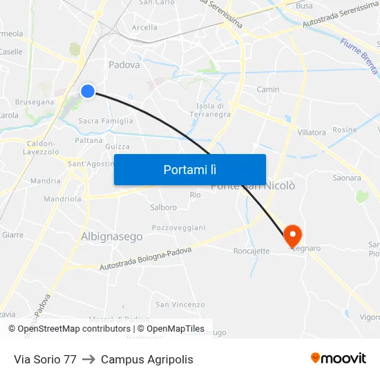 Via Sorio 77 to Campus Agripolis map