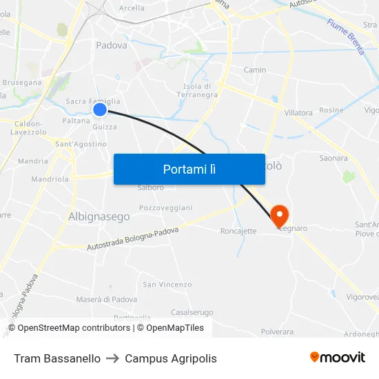 Tram Bassanello to Campus Agripolis map