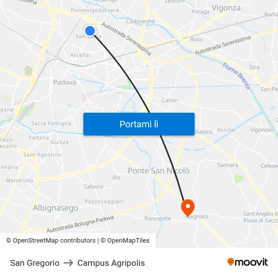 San Gregorio to Campus Agripolis map