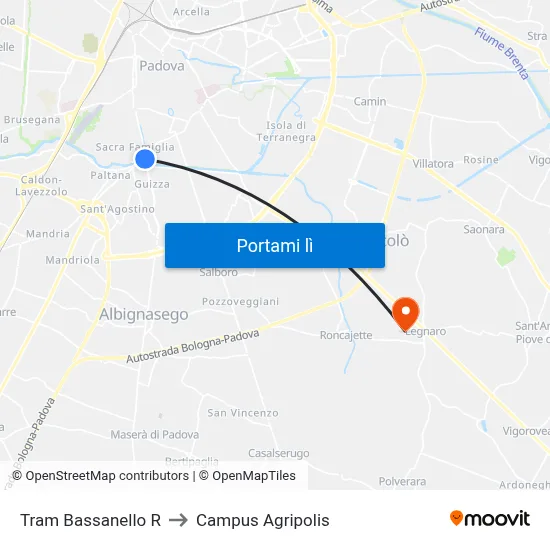 Tram Bassanello R to Campus Agripolis map