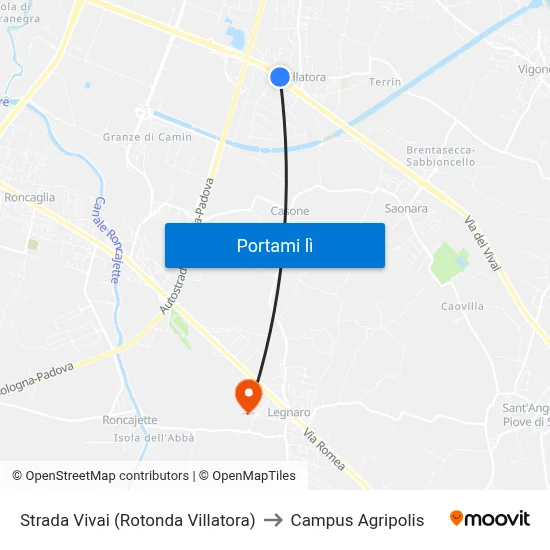 Strada Vivai (Rotonda Villatora) to Campus Agripolis map
