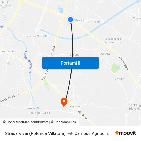 Strada Vivai (Rotonda Villatora) to Campus Agripolis map