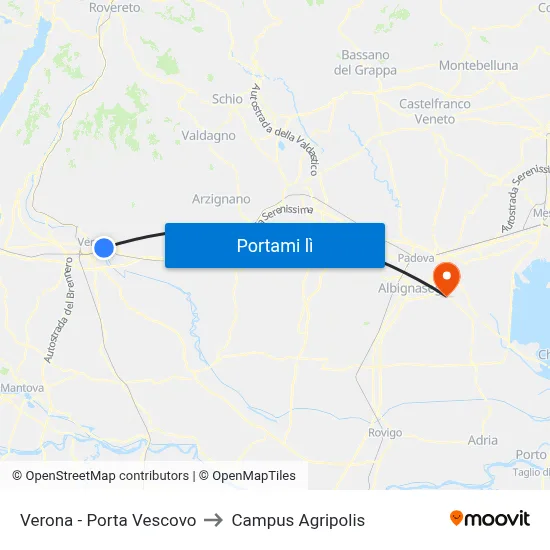 Verona - Porta Vescovo to Campus Agripolis map