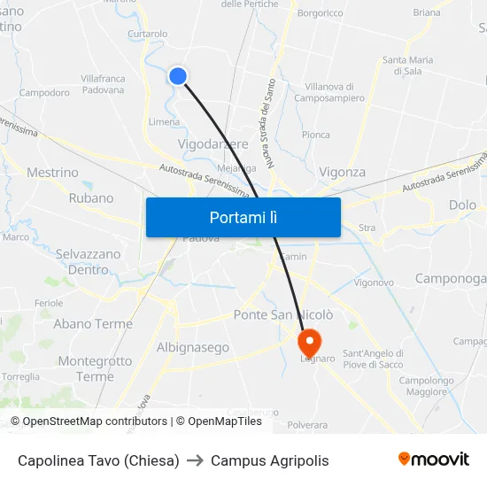 Capolinea Tavo (Chiesa) to Campus Agripolis map