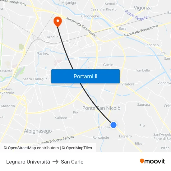 Legnaro Università to San Carlo map