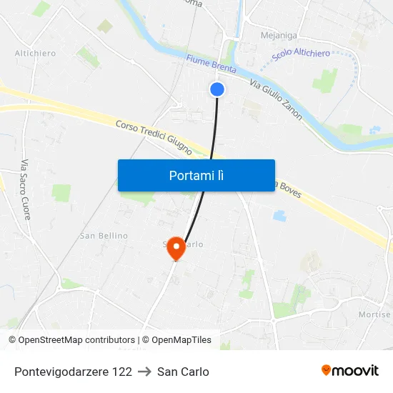 Pontevigodarzere 122 to San Carlo map