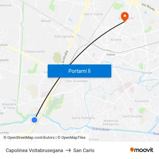 Capolinea Voltabrusegana to San Carlo map