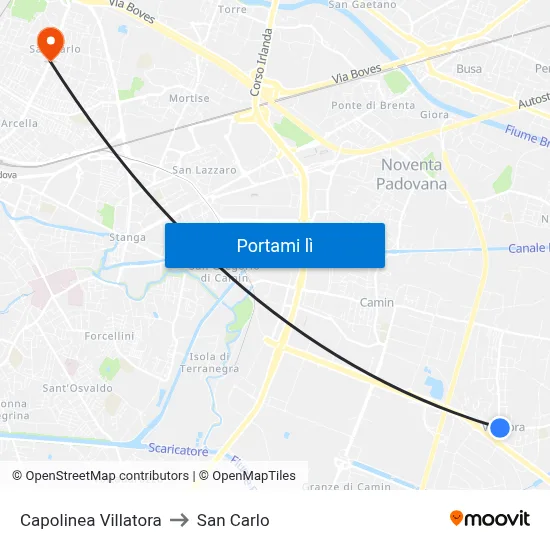 Capolinea Villatora to San Carlo map