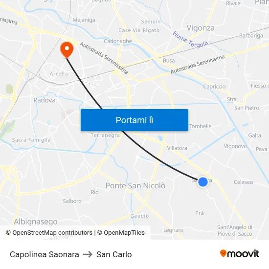 Capolinea Saonara to San Carlo map
