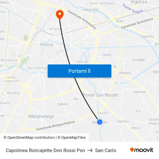 Capolinea Roncajette Don Rossi Psn to San Carlo map