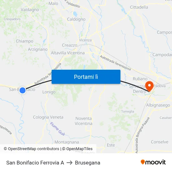 San Bonifacio Ferrovia A to Brusegana map