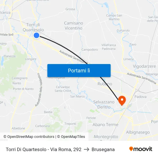Torri Di Quartesolo - Via Roma, 292 to Brusegana map
