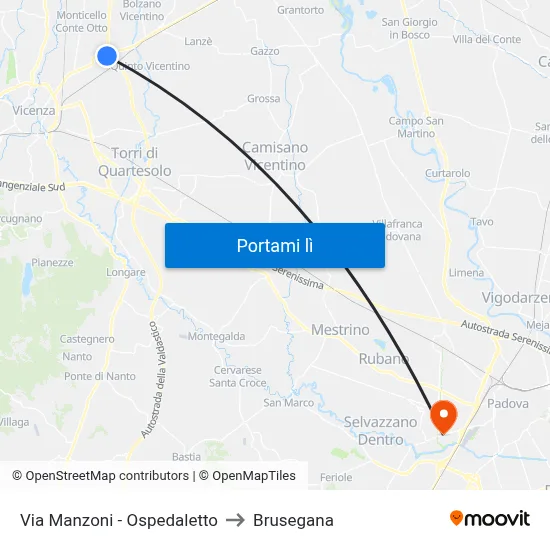 Via Manzoni - Ospedaletto to Brusegana map
