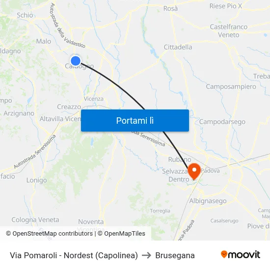 Via Pomaroli - Nordest (Capolinea) to Brusegana map