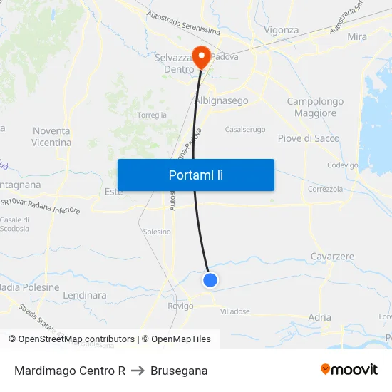 Mardimago Centro R to Brusegana map