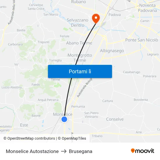 Monselice Autostazione to Brusegana map
