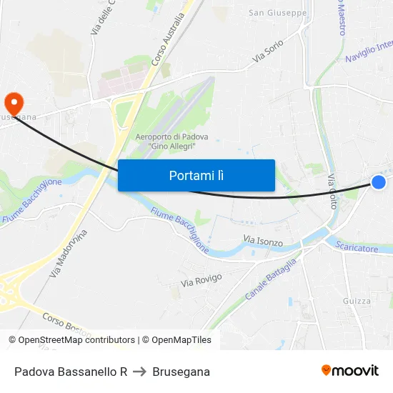 Padova Bassanello R to Brusegana map