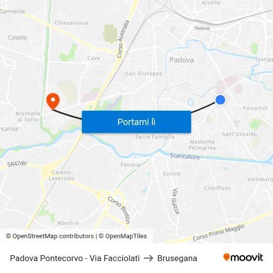 Padova Pontecorvo - Via Facciolati to Brusegana map