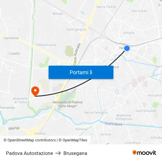 Padova Autostazione to Brusegana map