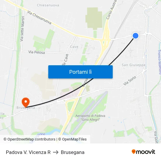 Padova V. Vicenza R to Brusegana map