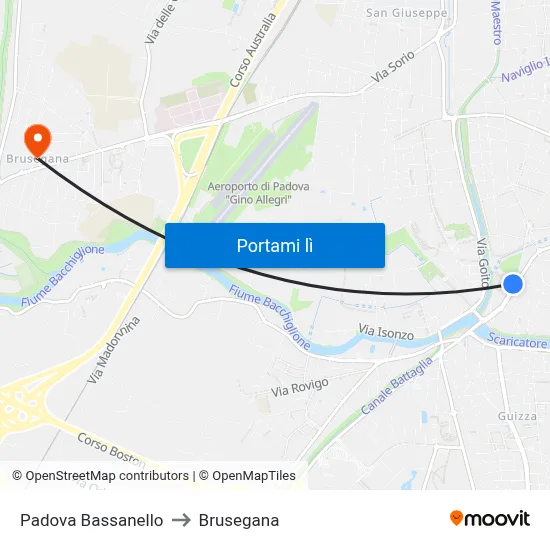 Padova Bassanello to Brusegana map