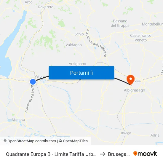 Quadrante Europa B - Limite Tariffa Urbana to Brusegana map