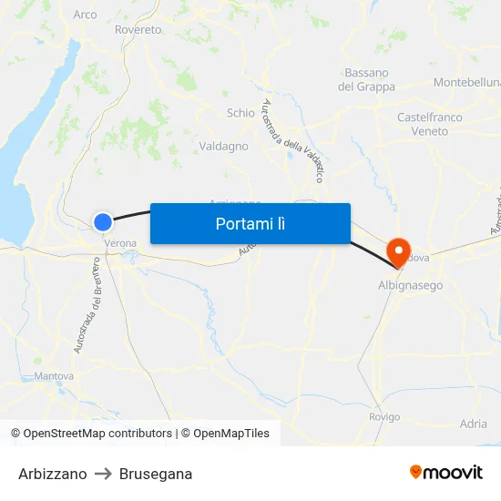 Arbizzano to Brusegana map