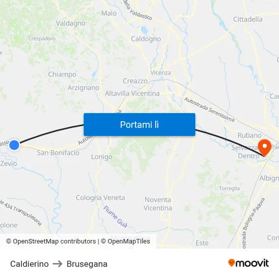 Caldierino to Brusegana map