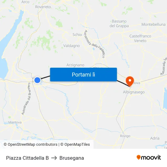 Piazza Cittadella B to Brusegana map