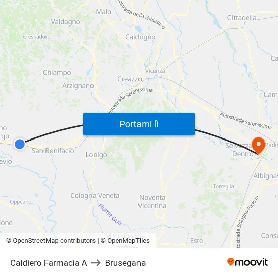 Caldiero Farmacia A to Brusegana map