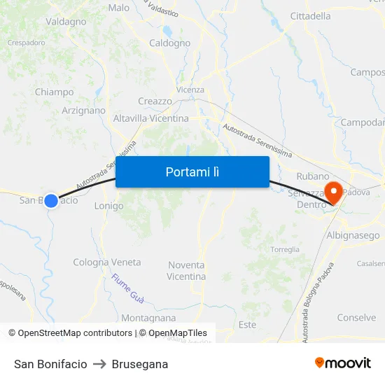 San Bonifacio to Brusegana map