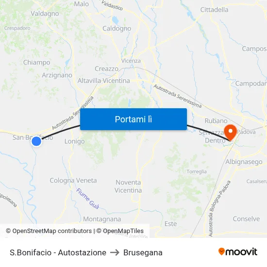 S.Bonifacio - Autostazione to Brusegana map
