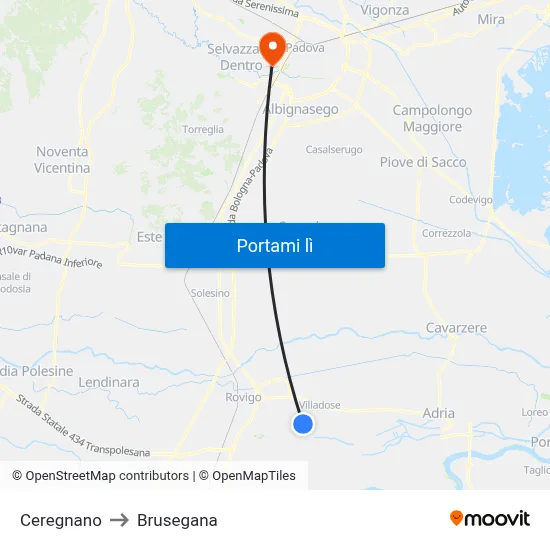 Ceregnano to Brusegana map