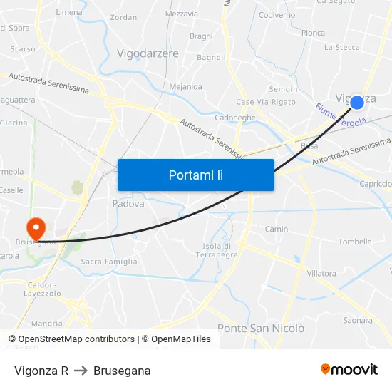 Vigonza R to Brusegana map