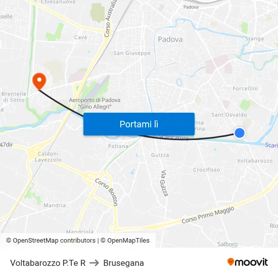 Voltabarozzo P.Te R to Brusegana map