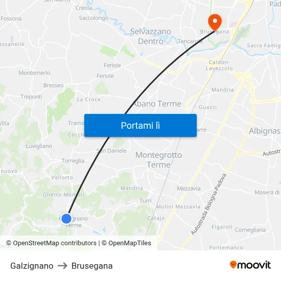 Galzignano to Brusegana map