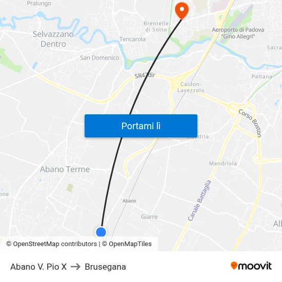 Abano V. Pio X to Brusegana map