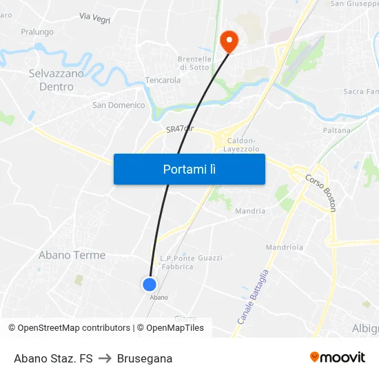 Abano Staz. FS to Brusegana map