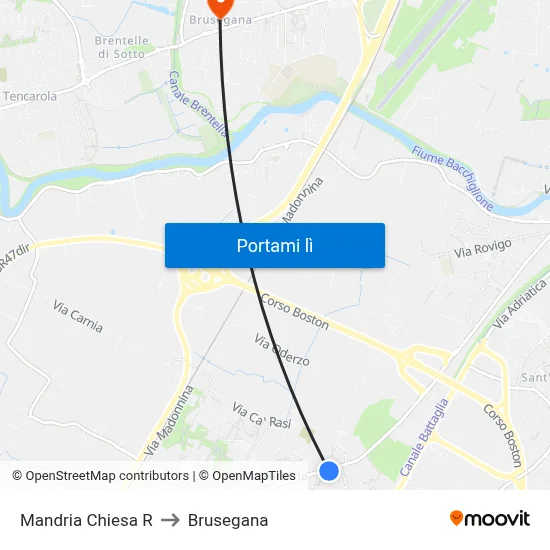 Mandria Chiesa R to Brusegana map