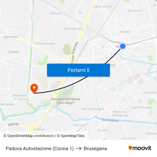 Padova Autostazione (Corsia 1) to Brusegana map